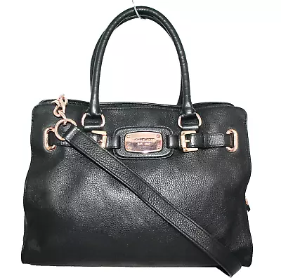 MICHAEL KORS Hamilton Traveler Belted Shoulder Tote Black Leather Rose Gold Hdwr • $40