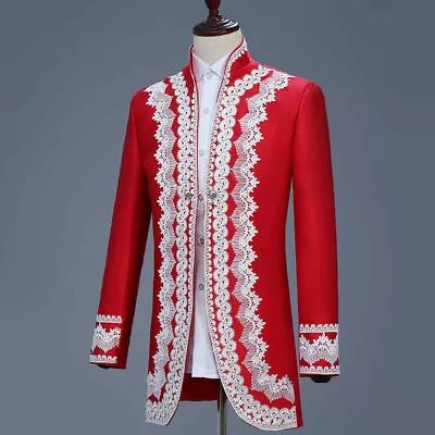 Mens Embroidered Tunic Hussar Long Jacket Pants Victorian Uniform Court Red Suit • $131.78