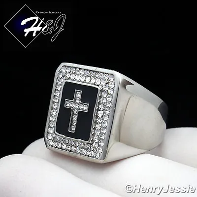 MEN Stainless Steel Silver/Black Plated Icy Bling CZ Cross Rectangle Ring*R106 • $17.99