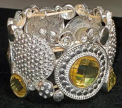 Macy's Wide Silver Yellow Crystal  Stretch Chunky Mod BRACELET • $5.99