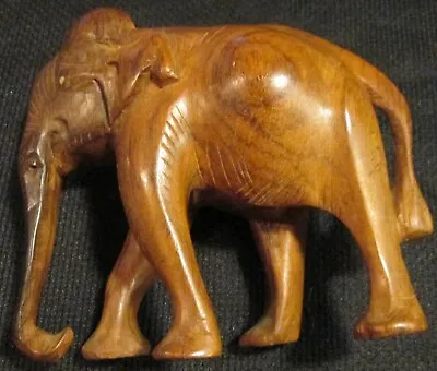 NEAT VINTAGE WOODEN CARVED ELEPHANT FIGURE TRUNK DOWN 5  LONG X 4  TALL • $11.99