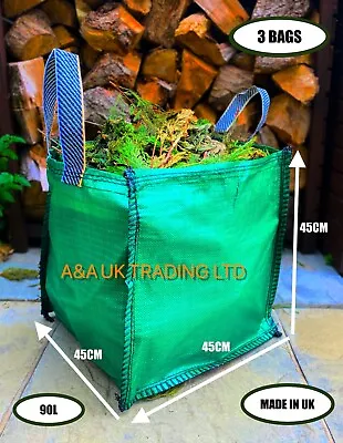 Garden Waste Bag (3 Bags) 90L Refuse Large Heavy Duty Sacks Grass Leaves Rubbish • £14.99