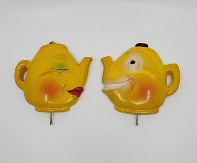 $58.95 • Buy Vtg Chalkware Plaster Anthropomorphic Tea Kettle Pot Holder Hangers Adorable 
