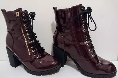 Women's Combat Boots Oxblood Patent Leather Block Heel Lace Up Size 11 Side Zip • $25