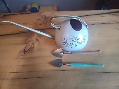 Vintage Small White Tin Watering Can With Mini Shovels • $30