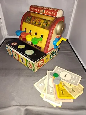 VTG 1960's Fisher Price Wood & Plastic Toy Cash Register W/ Play Money Works! • $25