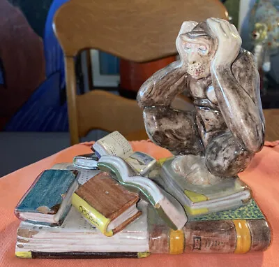 Antique Darwin Monkey On Books Hand Painted Ceramic Figurine • $250