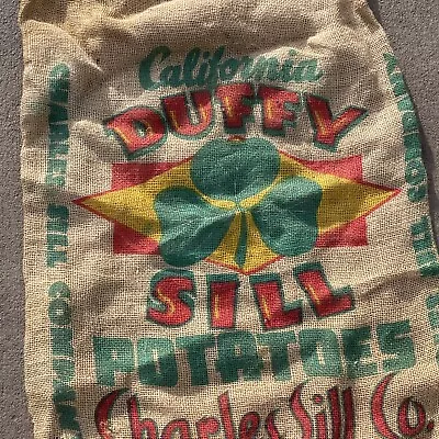 Vintage Burlap Jute Sack DUFFY SILL POTATOES Bakersfield CA California Shamrock • $24.99