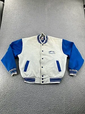 Vintage Varsity Jacket Mens XL White Blue 90s Bomber Button Insulated Lining • $29.99