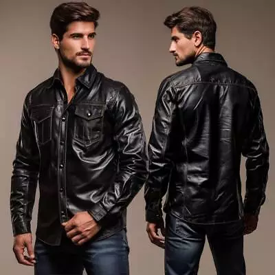 Mens Biker Original Leather Police Shirt Long Sleeves Lambskin Leather Jacket • $109.69