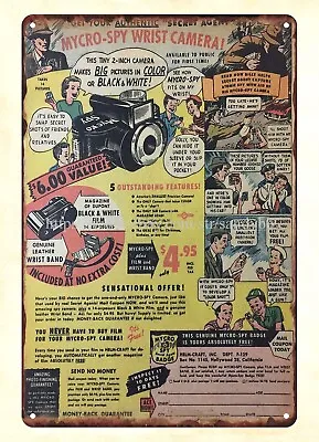 Funny Metal Sign 1949 Toy Ads MYCRO-SPY Secret Agent Wrist Camera Metal Tin Sign • $15.92