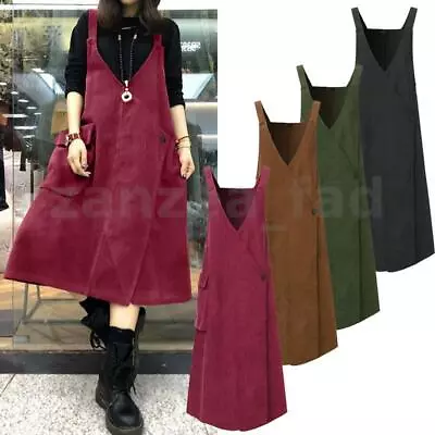$28.16 • Buy Womens Corduroy Suspender Skirt V-Neck Thremal Oversized Bib Pinafores Dress AU