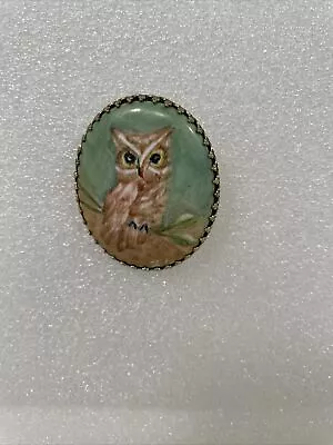 Vintage Hand Painted & Signed Brooch Cameo Pin Of Owl On Branch • $10.99