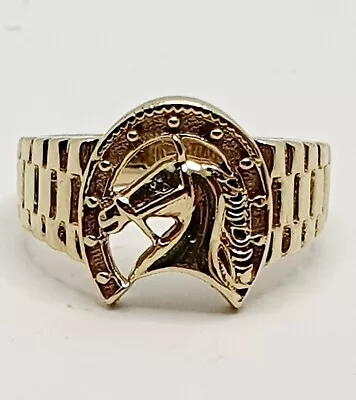 9ct Horseshoe Ring With Horse Head Buckle Ring Hallmarked Yellow Gold Size O 3/4 • £185