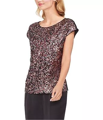 Vince Camuto Sequin Front Blouse Top Cap Sleeve Round Neck Black Pink Sz XL New! • $36