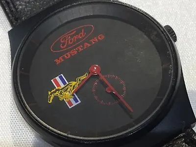 Vintage FORD MUSTANG Watch Wristwatch Black W/ Ford Mustang Logos & Leather Band • $49