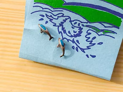 Vintage STERLING SILVER TURQUOISE DOLPHIN EARRINGS Stud SEMAKI/BIRD 1/2  NWT • $18