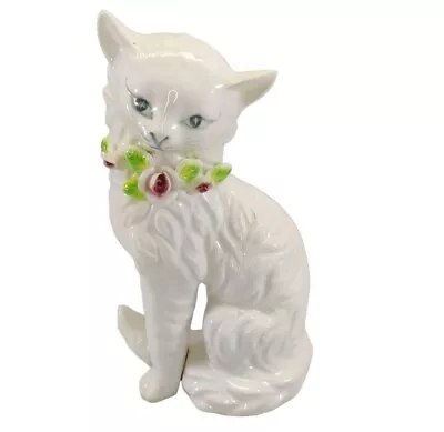 Vintage White Persian Cat Porcelain Figurine Small Majolica Roses READ!!  • $79.97