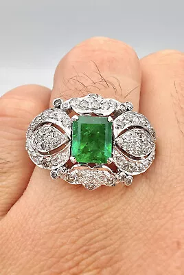 Massive Antique Art Deco 18k White Gold Emerald & Diamond Filigree Ring • $4595