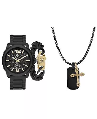 Ed Hardy Men's Matte Black Metal Alloy Bracelet Watch 50mm Gift Set • $24.99