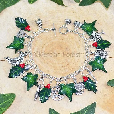 Wiccan Charm Bracelet - Holly Ivy Pagan Jewellery Witch Yule Winter Solstice • £17