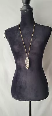 J Crew Gold Tone Chain Link Long Necklace Oval Pendant With Rhinestone  • $18