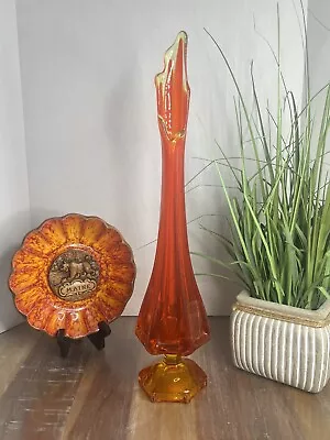 MCM VIKING Glass Orange / Yellow 19 ” COLUMN RIBBED SWUNG STRETCH VASE • $129.99