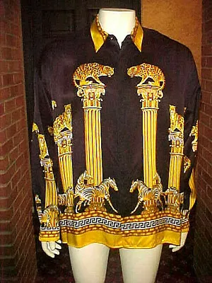 Vintage Men's Creme De Silk Suede Silk Shirt Black Leopard Print Size Large • $299.99