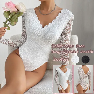 Womens Lace Floral Bodysuit Leotard Lingerie Babydoll Long Sleeve Unitard Romper • £6.94