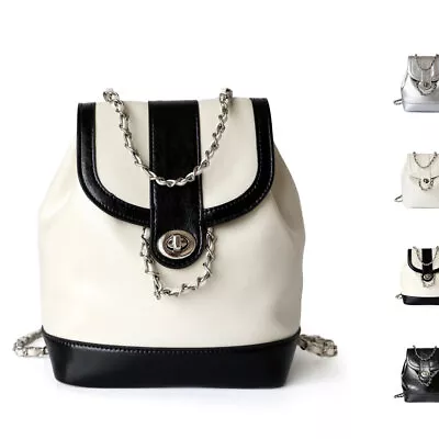 Small Mini Real Leather Drawstring Bucket Flap Backpack Purse W/ Chain Fashion • $101.55