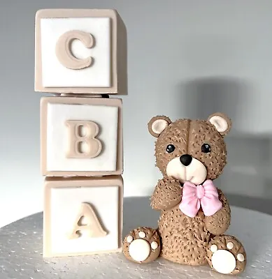 Teddy Bear With Cubes / Edible Cake Topper / Baby Shower / Fondant Decoration • £16.90
