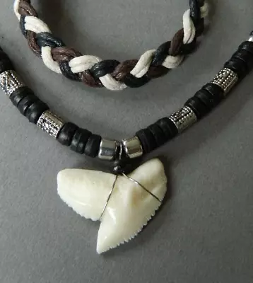 Large Replica Shark Tooth Necklace Mens Boys Bracelet Pendant Set Sharks Teeth • £8.99