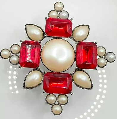 Vintage Signed Richelieu Pin Brooch Maltese Cross Silver Tone Red Stones Pearls • $25