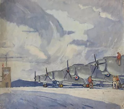 John Hornbuckle. Oil Painting.  Planes On Airfield In Snow WWII Naval Aviation. • £135