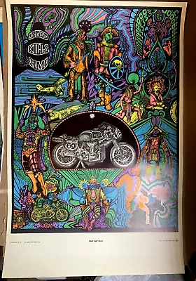 SPEED KILLS TIME VINTAGE 1968 MOTORCYCLE BLACKLIGHT POSTER By Celestial Arts • $139.95