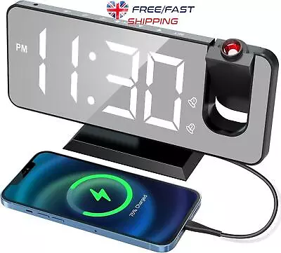 LED Digital Projector Rotatable Projection Snooze Dual Alarm Clock FM Radio USB- • £14.99