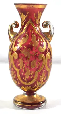 MOSER Art Glass CRANBERRY GLASS Gorgeous 4  BUD VASE Enameled GOLD Designs • $45