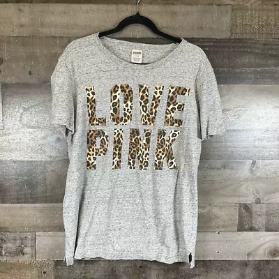 Victorias Secret Love Pink Womens Size Medium Campus Tee Shirt Leopard Grey Top • $19.95