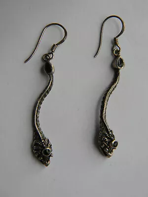 Snake Dangle Hook Earrings Vintage Bali Style Sterling Silver 925 & Black Onyx • $37.95