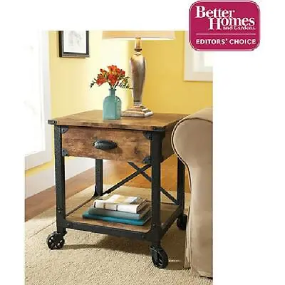 $163.99 • Buy Rustic Country End Table Pine Finish Living Room Furniture Wood Metal Wheeled