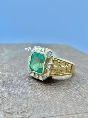 5Ct Asscher Cut Simulated Emerald & Diamond Men's Ring 14K Yellow Gold Plated • $106.65