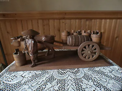 Vintage Japanese Wooden Hand Carved Ox Cart And Farmer • $12