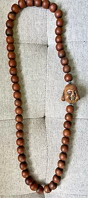 Vintage Hand Carved Wood Buddha Pendant And Polished Wood Beaded Necklace • $15