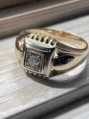 14k Gold Ring Vintage Men's Diamond Ring Sz 12  Old Mine Cut Diamond .25ct • $625