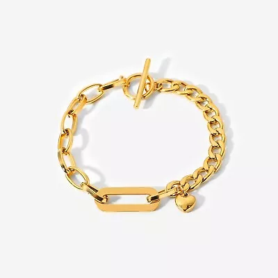 18ct Gold-Plated Chunky Chain Bracelet With Mixed Links Oval Charm & Heart Charm • £11.69