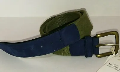 £59.99 • Buy ANDERSONS GREEN FABRIC BLUE SUEDE LEATHER MENS BELT BRASS BUCKLE 115cm 44  BNWT