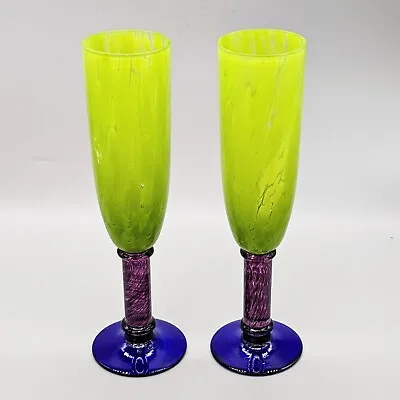 Vintage Hand Blown Glass Stemmed Goblets Neon Green Purple Blue Pair 10  • $42
