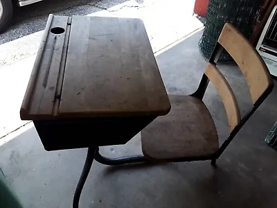 Vintage Kids Wooden & Metal School Desk W/ Attached  Chair • $50