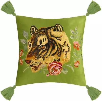 Pillow Cover Silk Velvet Dharma TIGER Embroidered Green Cushion Case 18  Tassels • $38.99