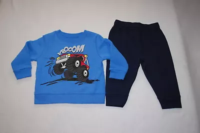 Baby Boys SWEATSHIRT Blue Crew Neck MONSTER TRUCK VROOOM Navy Sweat Pants 6-9 MO • $16